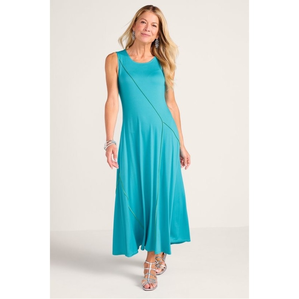 Soft Surroundings Britta Maxi Dress Petite Large Blue Lime Scuba Seam Sleeveless